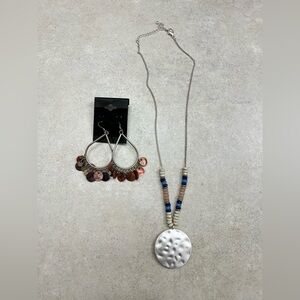 silver and blue beaded necklace with boho pink and gold earrings